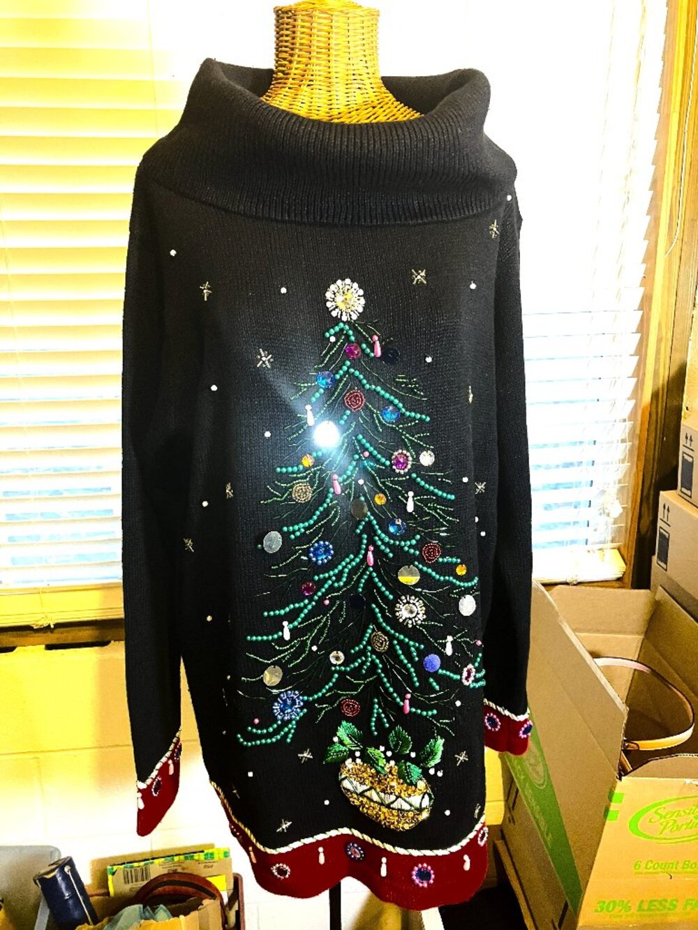 Vintage B.P. DESIGN Beaded Christmas Tree Cowl-Neck Sweater.  Size L